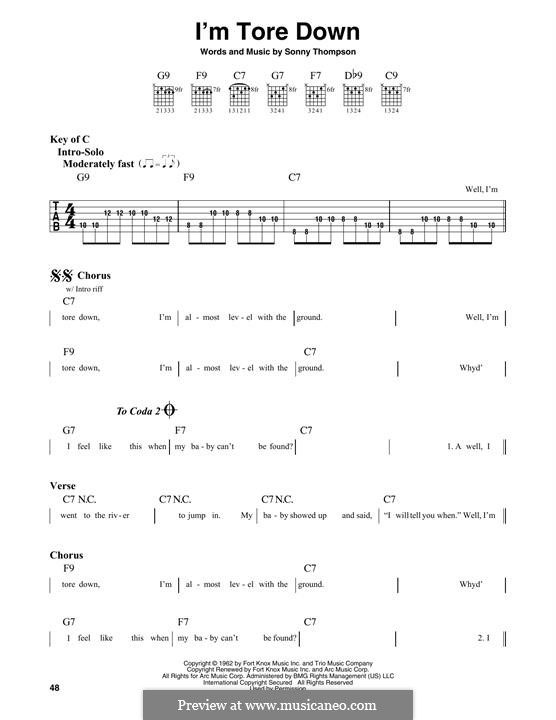 I'm Tore Down (Eric Clapton): For guitar with tab by Sonny Thompson