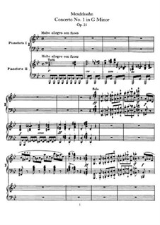 Concerto for Piano and Orchestra No.1 in G Minor, Op.25: Version for two pianos four hands by Felix Mendelssohn-Bartholdy