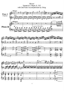 Sonata for Piano No.16 in C Major, K.545: Arrangement for two pianos four hands by Wolfgang Amadeus Mozart