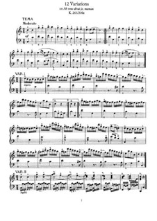 Twelve Variations on 'Ah vous dirais-je, Maman', K.265/300e: For piano by Wolfgang Amadeus Mozart