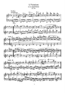 Twelve Variations on an Allegretto, K.500: For piano by Wolfgang Amadeus Mozart