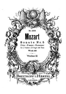 Church Sonata for Two Violins, Organ and Basso Continuo No.5 in F Major, K.145: Violin II part by Wolfgang Amadeus Mozart