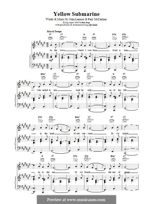 Yellow Submarine (The Beatles): For voice and piano (or guitar) by John Lennon, Paul McCartney