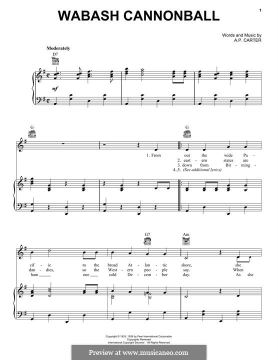 Wabash Cannonball (Roy Acuff): For voice and piano (or guitar) by A.P. Carter