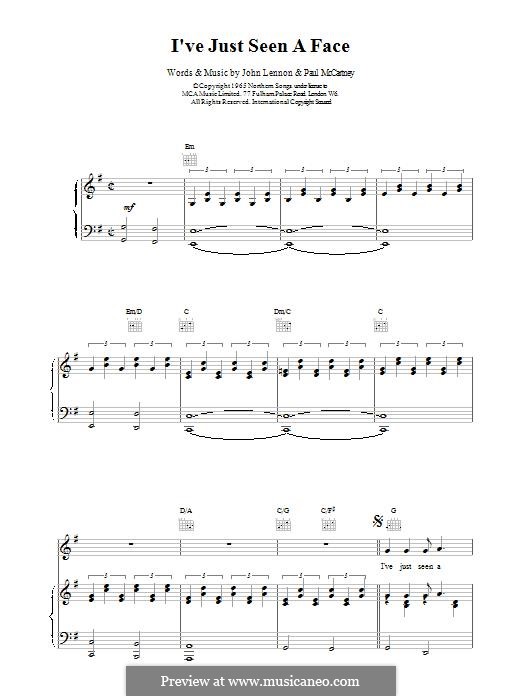 I've Just Seen a Face (The Beatles): For voice and piano (or guitar) by John Lennon, Paul McCartney