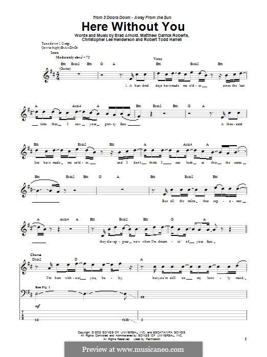 Here without You (3 Doors Down): For bass guitar with tab by Brad Arnold, Christopher Henderson, Matthew Roberts, Todd Harrell