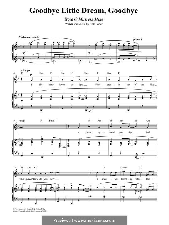Goodbye, Little Dream, Goodbye: For voice and piano (or guitar) by Cole Porter