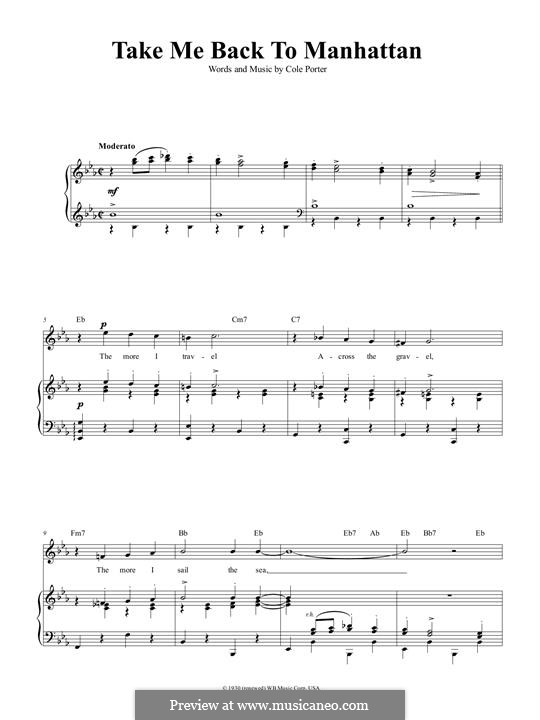 Take Me Back To Manhattan: For voice and piano (or guitar) by Cole Porter