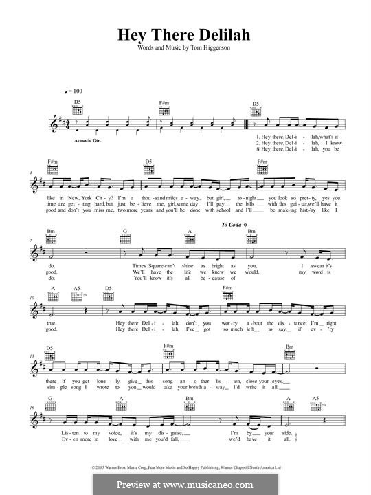 Hey There Delilah (Plain White T's): Melody line by Tom Higgenson