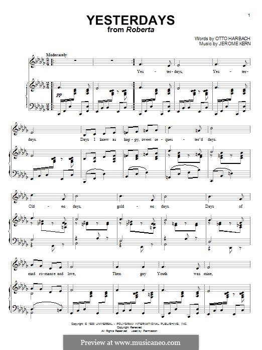 Yesterdays (from Roberta): For voice and piano by Jerome Kern