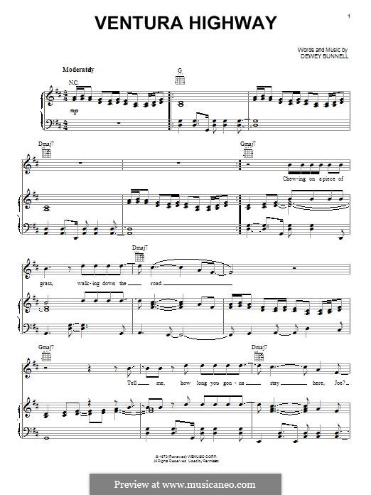 Ventura Highway (America): For voice and piano (or guitar) by Dewey Bunnell