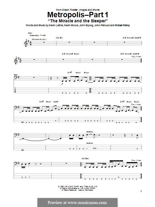 Metropolis-Part 1 'The Miracle and The Sleeper' (Dream Theater): For bass guitar with tab by Mike Portnoy, John Petrucci, John Myung, Kevin LaBrie, Kevin Moore