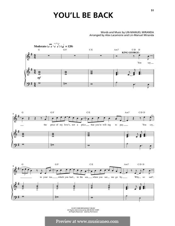 You'll Be Back (from 'Hamilton'): For voice and piano by Lin-Manuel Miranda