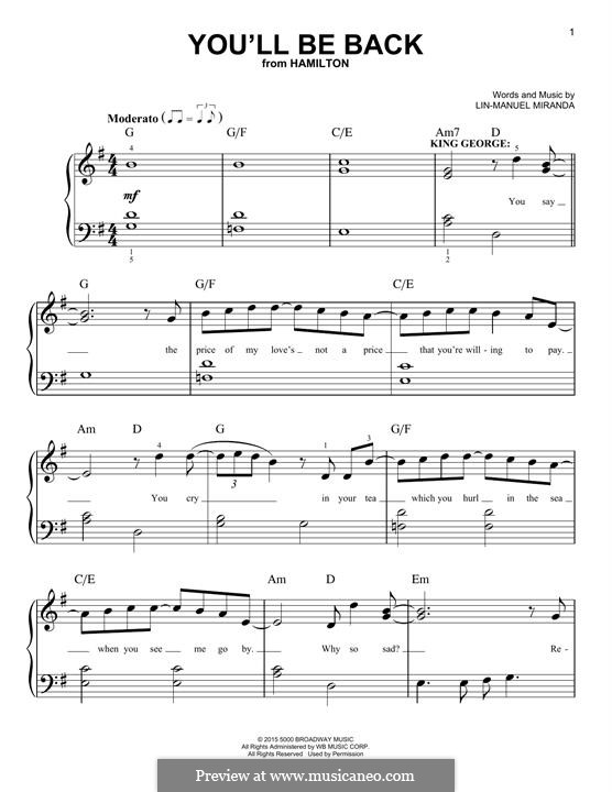 You'll Be Back (from 'Hamilton'): For piano by Lin-Manuel Miranda