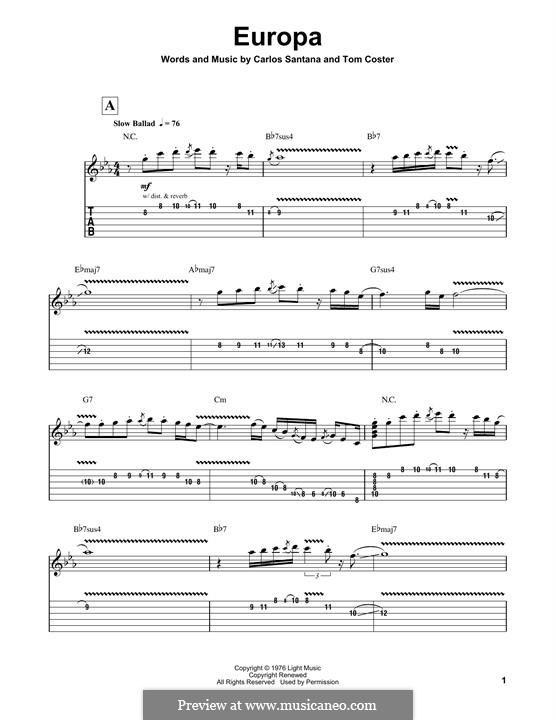 Europa (Santana): For guitar with tab by Carlos Santana