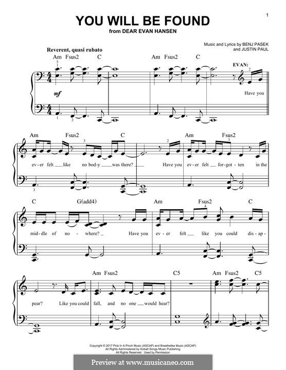 You Will Be Found (from Dear Evan Hansen): For piano by Justin Paul, Benj Pasek