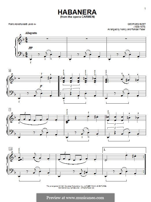 Habanera (Printable Scores): Version for easy piano by Georges Bizet