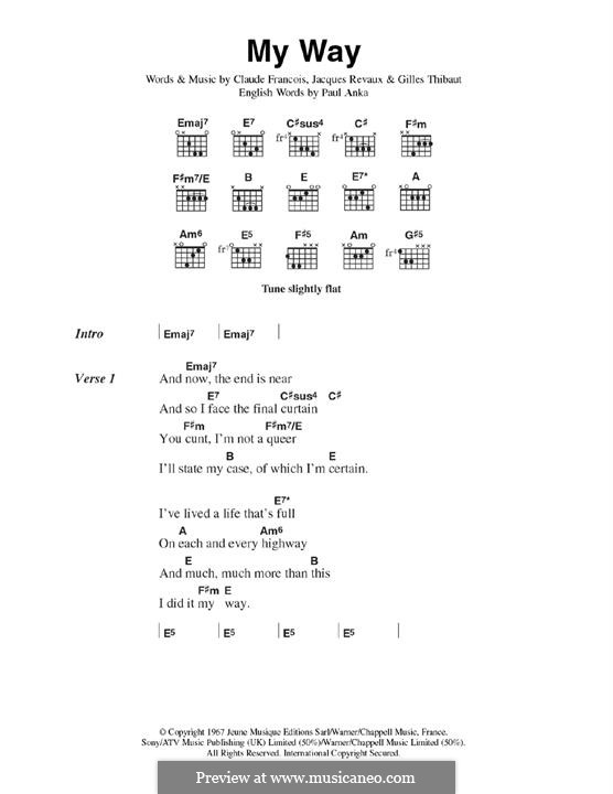 My Way: Lyrics and chords (The Sex Pistols) by Claude Francois, Jacques Revaux