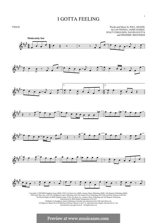 I Gotta Feeling (The Black Eyed Peas): For violin by apl.de.ap, David Guetta, Frédéric Riesterer, Jaime Gomez, Stacy Ferguson, will.i.am