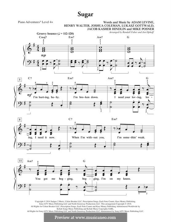 Sugar (Maroon 5): For easy piano by Adam Levine, Jacob Kasher Hindlin, Joshua Coleman, Lukas Gottwald, Mike Posner, Henry Russell Walter
