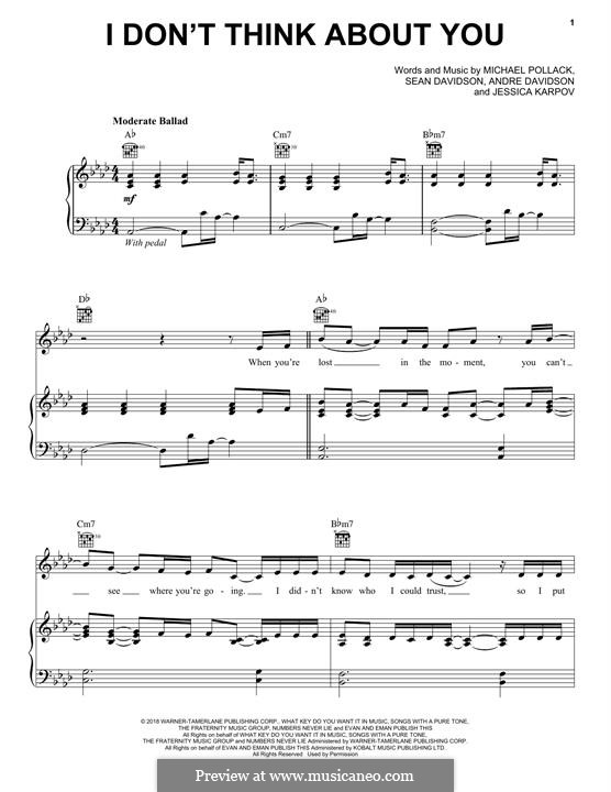 I Don't Think About You (Kelly Clarkson): For voice and piano (or guitar) by Andre Davidson, Sean Davidson, Michael Pollack, Jessica Karpov