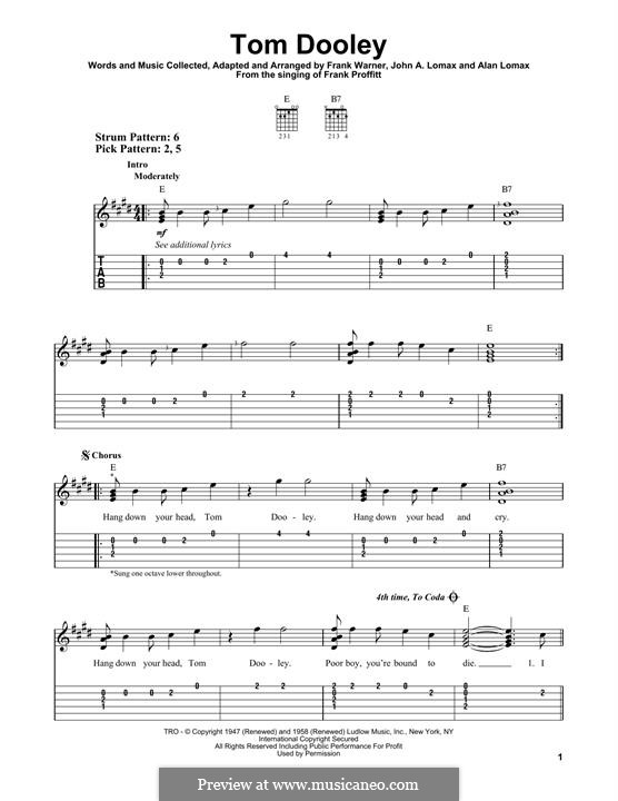 Tom Dooley (Kingston Trio): For guitar with tab by Alan Lomax, John A. Lomax, Frank Warner