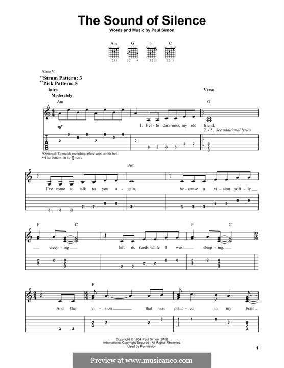 The Sound of Silence (Simon & Garfunkel): For guitar with tab by Paul Simon