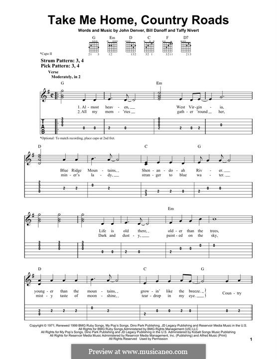 Take Me Home, Country Roads: For guitar with tab by Bill Danoff, John Denver, Taffy Nivert