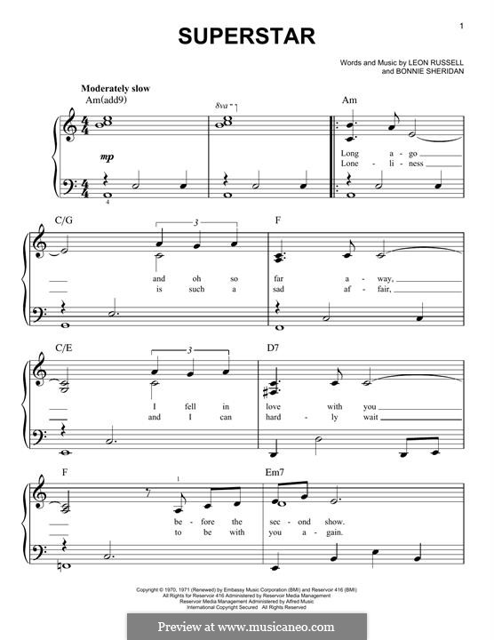Superstar (Carpenters): For piano by Bonnie Sheridan, Leon Russell