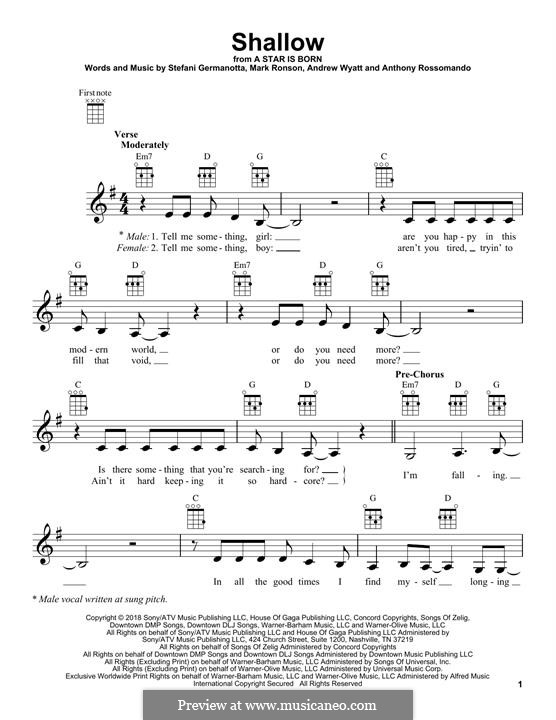 Shallow (from A Star Is Born) Lady Gaga & Bradley Cooper: For ukulele by Andrew Wyatt, Anthony Rossomando, Mark Ronson, Stefani Germanotta