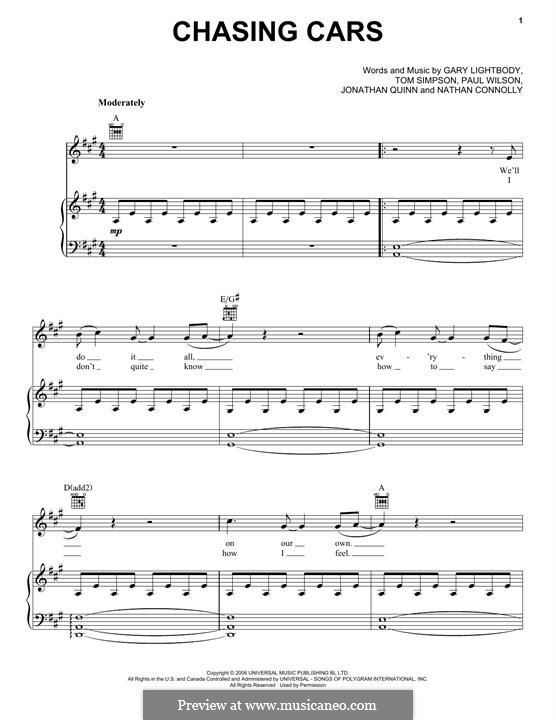 Chasing Cars (Snow Patrol): For voice and piano (or guitar) by Gary Lightbody, Jonathan Quinn, Nathan Connolly, Paul Wilson, Tom Simpson