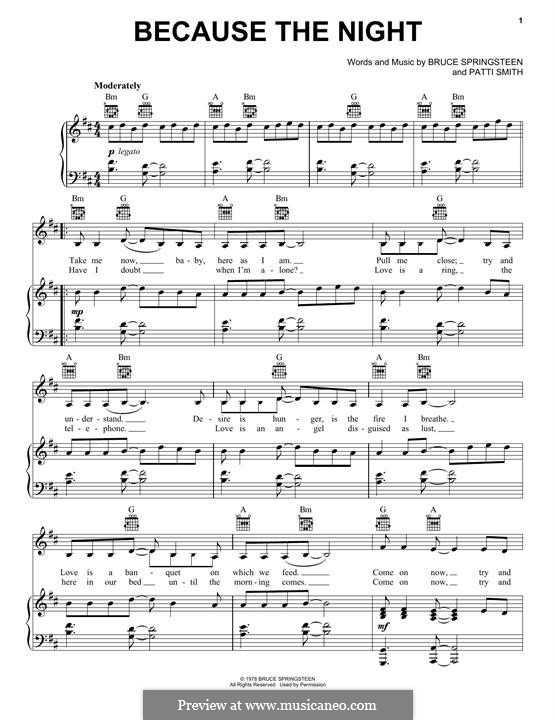 Because the Night: For voice and piano (or guitar) by Bruce Springsteen, Patti Smith