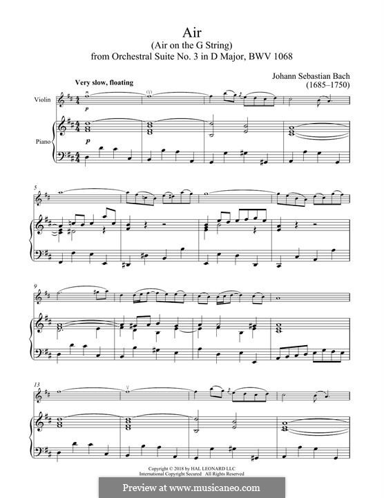 Aria (Printable Scores): Version for violin and piano by Johann Sebastian Bach