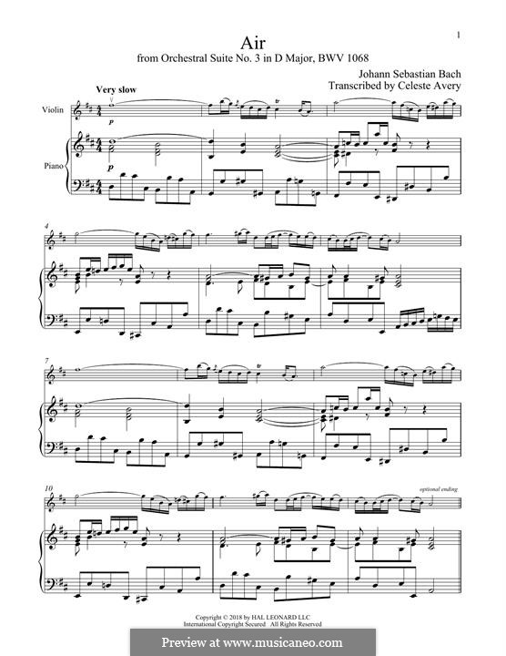 Aria (Printable Scores): Version for violin and piano by Johann Sebastian Bach