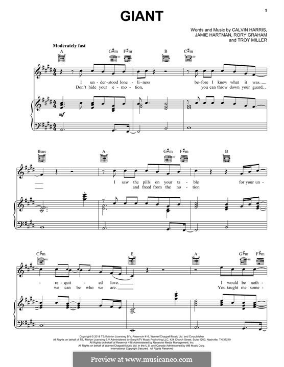 Giant (Calvin Harris & Rag'n'Bone Man): For voice and piano (or guitar) by Calvin Harris, Jamie Hartman, Rory Graham