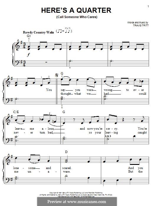 Here's a Quarter (Call Someone Who Cares): For piano by Travis Tritt