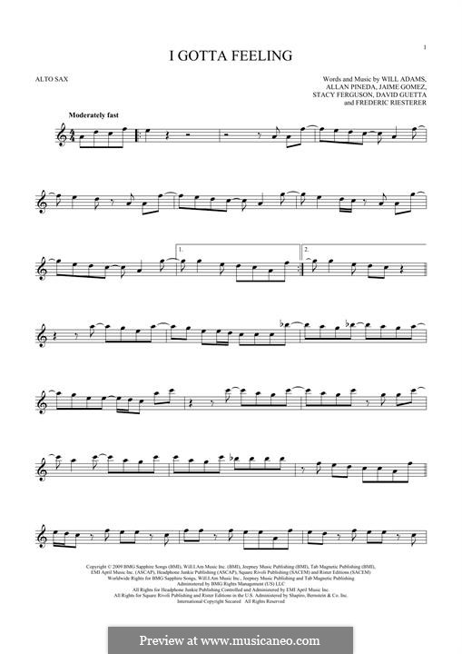 I Gotta Feeling (The Black Eyed Peas): For alto saxophone by apl.de.ap, David Guetta, Frédéric Riesterer, Jaime Gomez, Stacy Ferguson, will.i.am