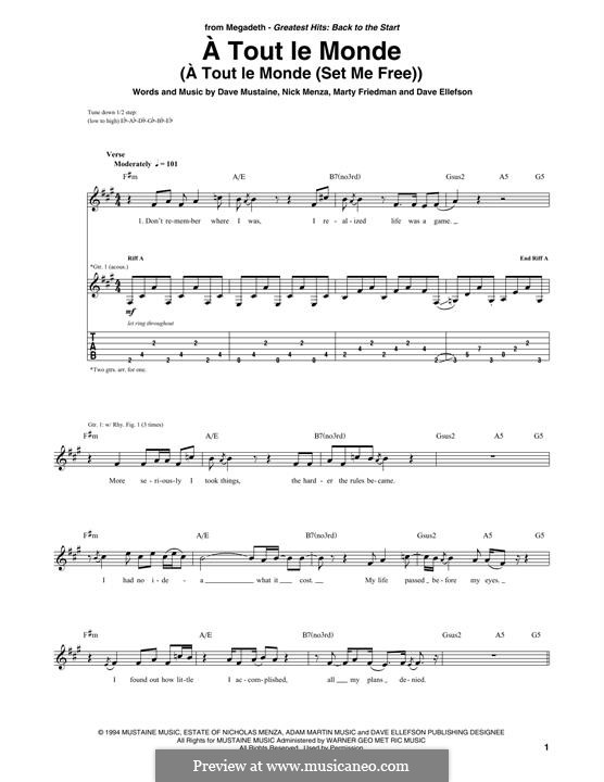 A Tout le Monde (A Tout le Monde (Set Me Free)): For guitar with tab by Dave Ellefson, Dave Mustaine, Martin Friedman, Nick Menza