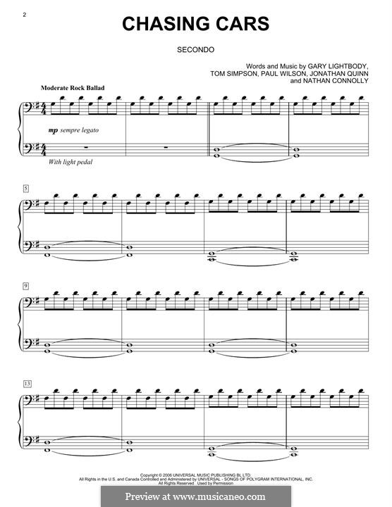 Chasing Cars (Snow Patrol): For piano by Gary Lightbody, Jonathan Quinn, Nathan Connolly, Paul Wilson, Tom Simpson