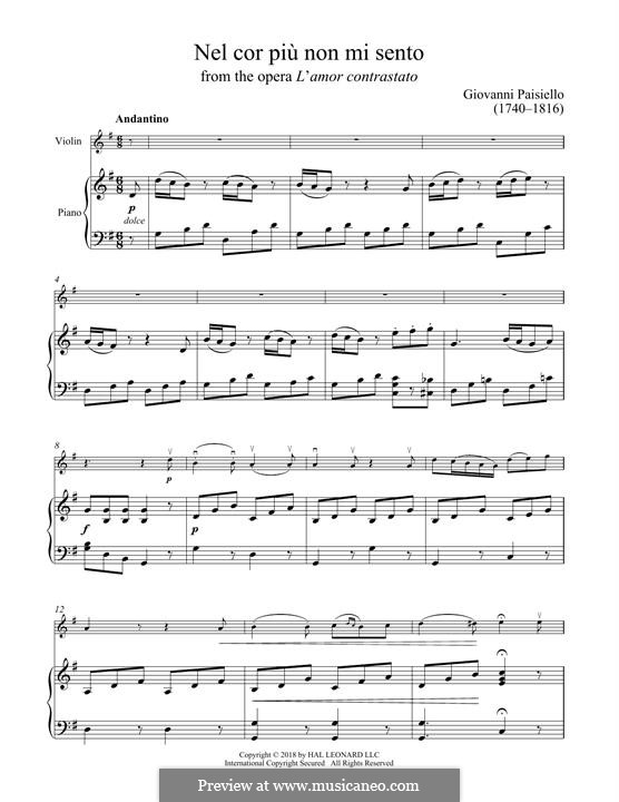 La bella molinara. Nel cor più non mi sento, R 1.76: For violin and piano by Giovanni Paisiello
