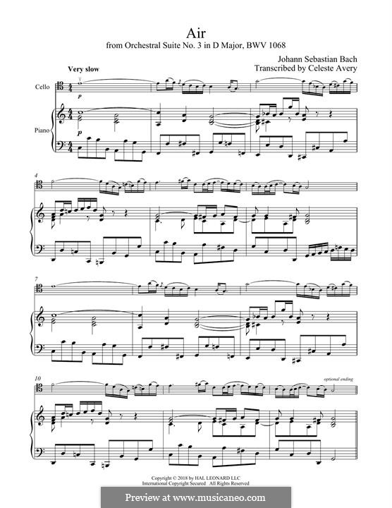 Aria (Printable Scores): Version for cello and piano by Johann Sebastian Bach