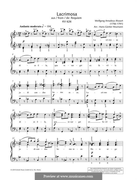 Lacrimosa: For piano by Wolfgang Amadeus Mozart