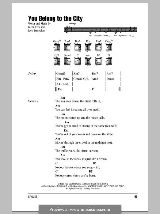 You Belong to the City (Eagles): Lyrics and chords by Glen Frey, Jack Tempchin