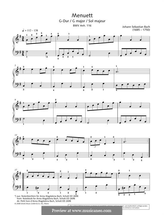 No 7 Minuet In G Major Bwv Anh 116 Notebook For Anna Magdalena Bach 1725 By J S Bach On Musicaneo