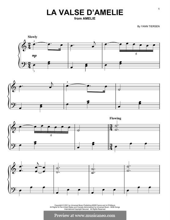 La Valse d'Amelie: For piano by Yann Tiersen