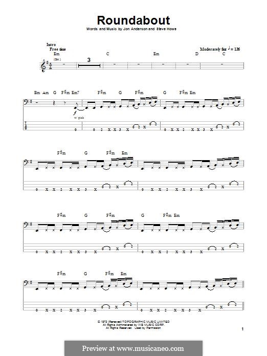 Roundabout (Yes): For bass guitar with tab by Jon Anderson, Steve Howe