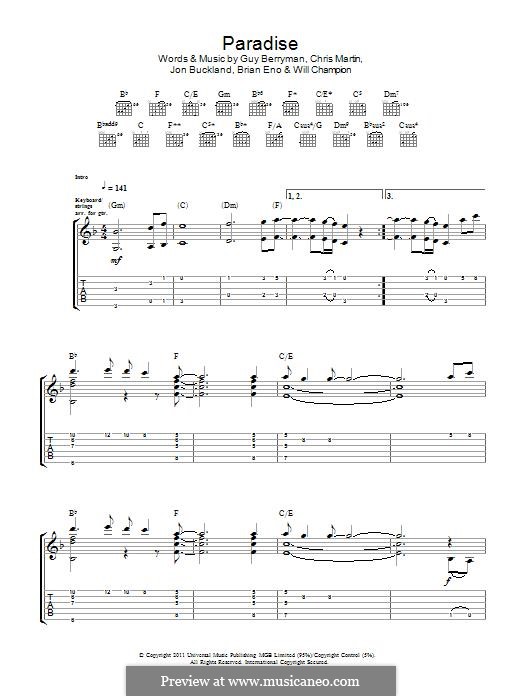 Paradise (Coldplay): For guitar with tab by Brian Eno, Chris Martin, Guy Berryman, Jonny Buckland, Will Champion