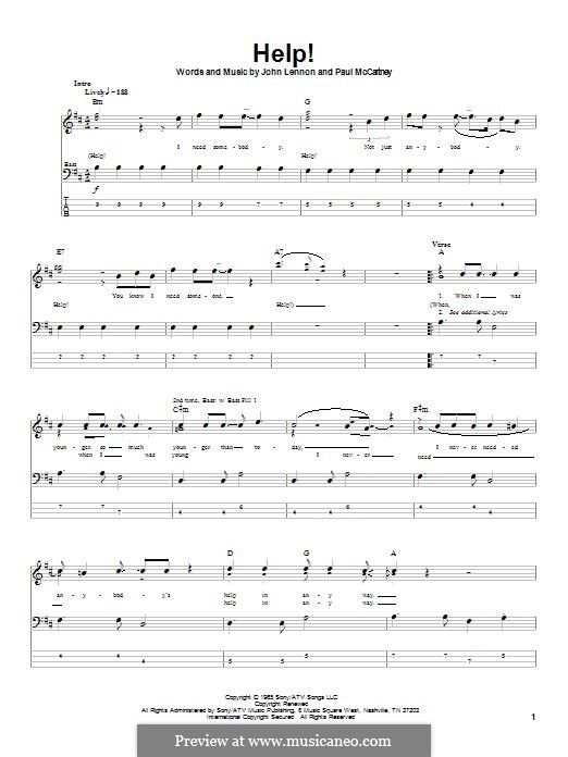 Help! (The Beatles): For bass guitar with tab by John Lennon, Paul McCartney