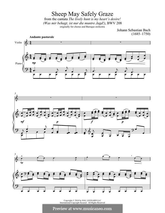 Sheep May Safely Graze (Printable Scores): For violin and piano by Johann Sebastian Bach