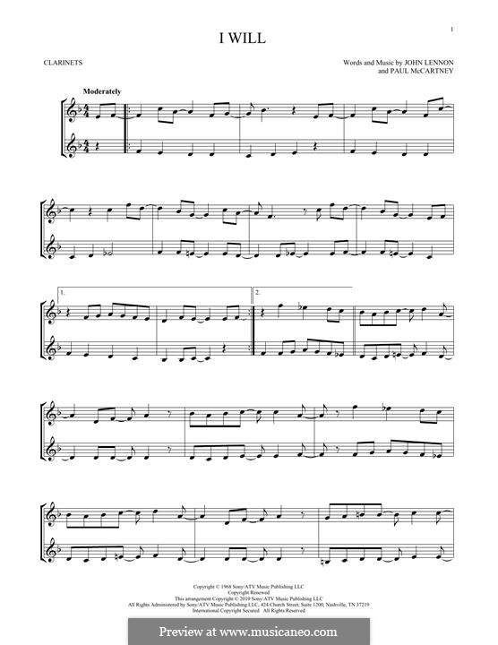 I Will (The Beatles): For two clarinets by John Lennon, Paul McCartney